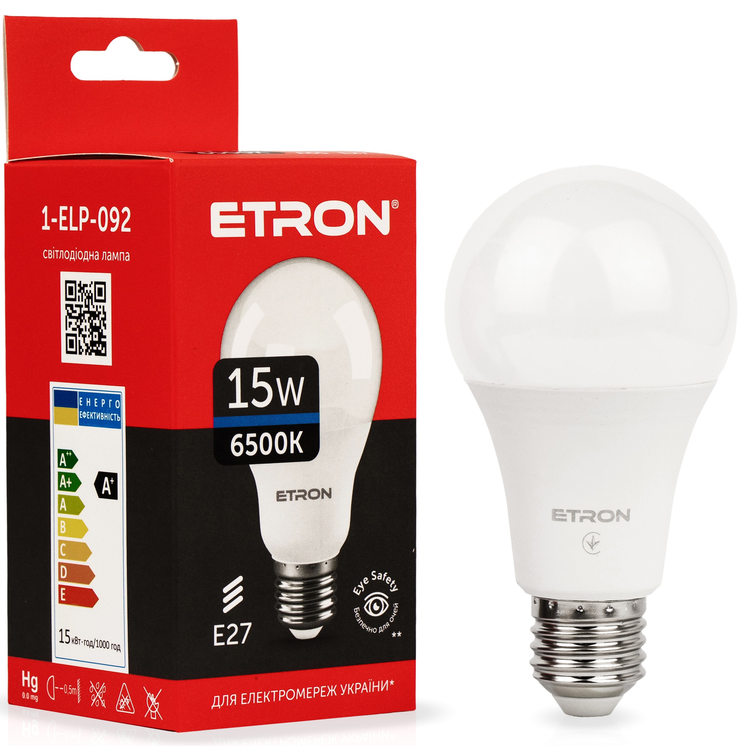 Світлодіодна LED лампа ETRON 15W A65 6500K E27 холодне світло 1-ELP-092
